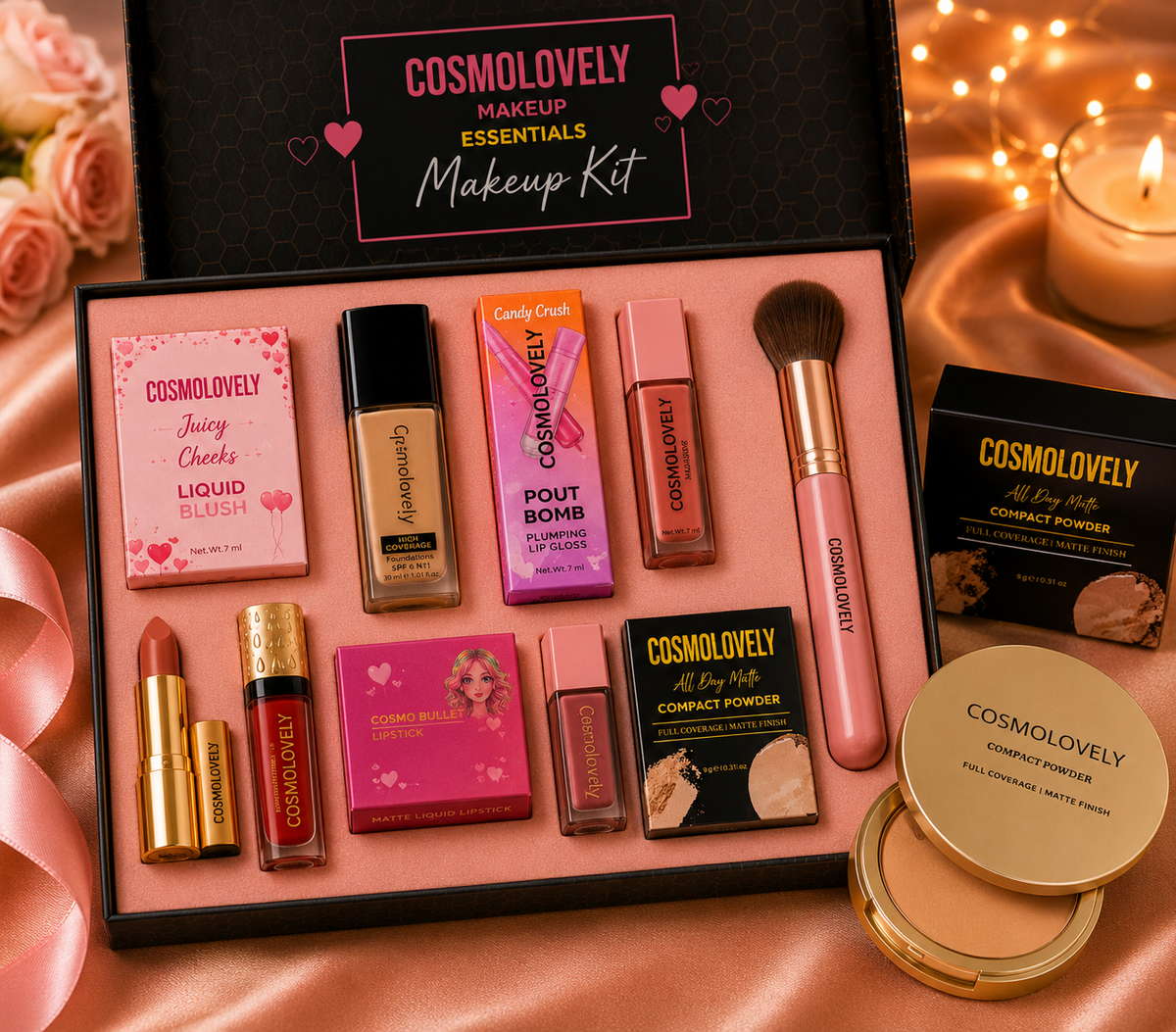 Cosmolovely Marriage Bridal Complete Makeup Kit(Includes 1 High Coverage Foundation,1 Bullet Lipstick,2 Liquid Lipstick, 1 Liquid Blush, 1 Compact Powder, 1 Makeup Brush and 1 Shimmer Lip Gloss)