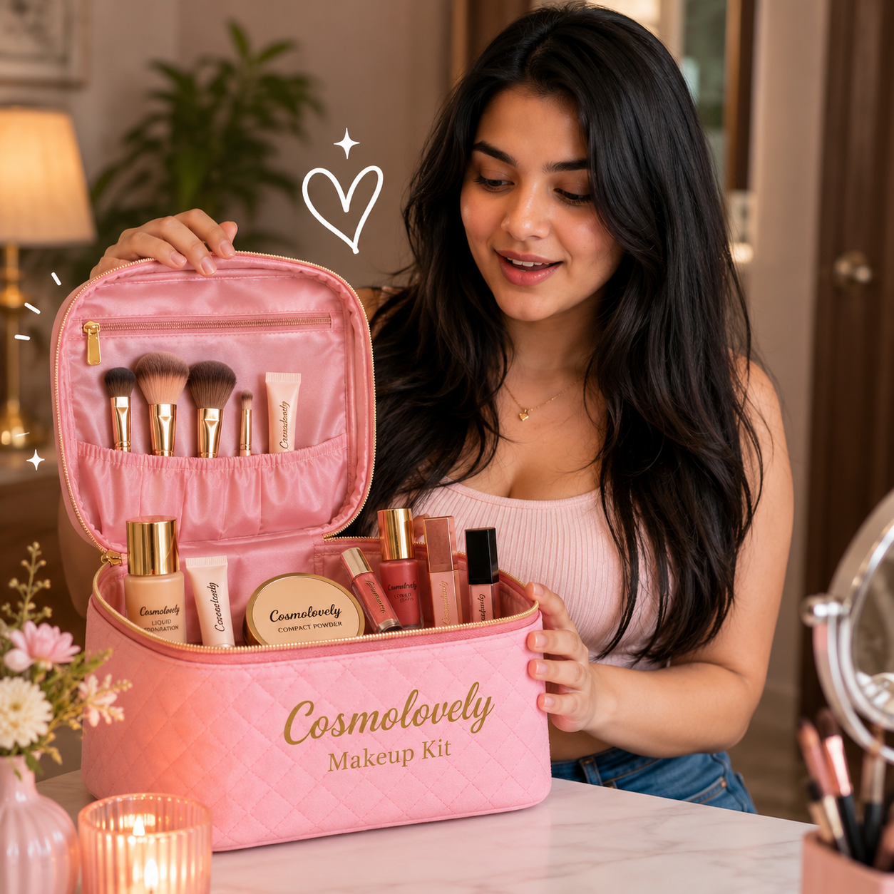Cosmolovely Marriage Bridal Complete Makeup Kit(Includes High Coverage Foundation, Full Coverage Concealer, Bullet Lipstick, Liquid Lipstick, Liquid Blush, Compact Powder, Makeup Brush and Shimmer Lip Gloss)