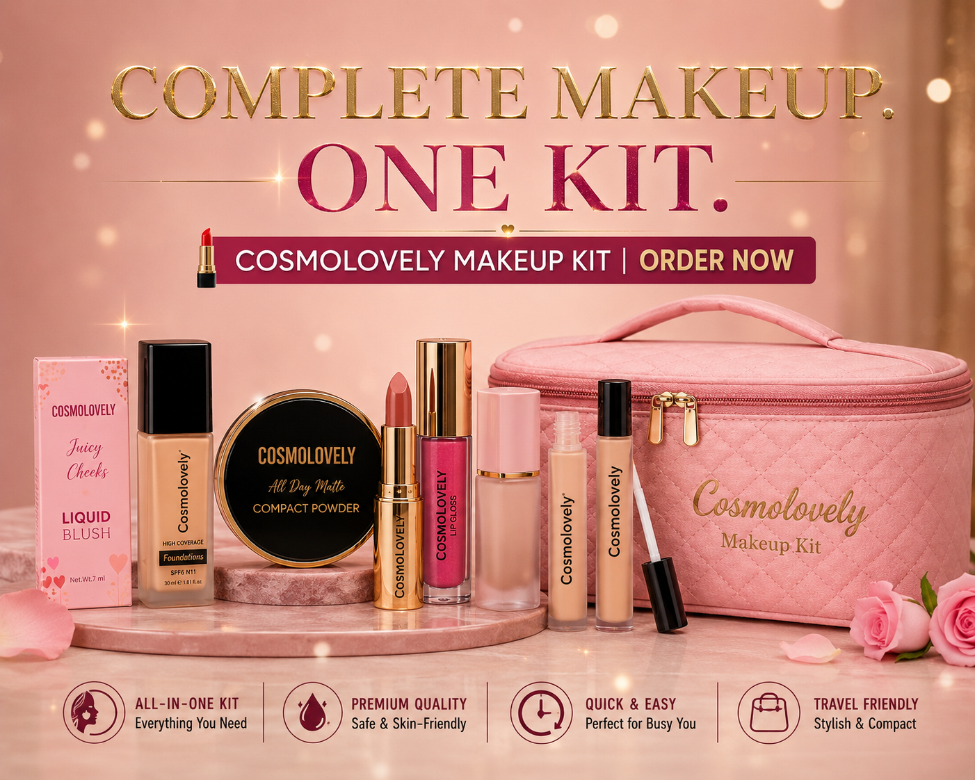 Cosmolovely Marriage Bridal Complete Makeup Kit(Includes High Coverage Foundation, Full Coverage Concealer, Bullet Lipstick, Liquid Lipstick, Liquid Blush, Compact Powder, Makeup Brush and Shimmer Lip Gloss)
