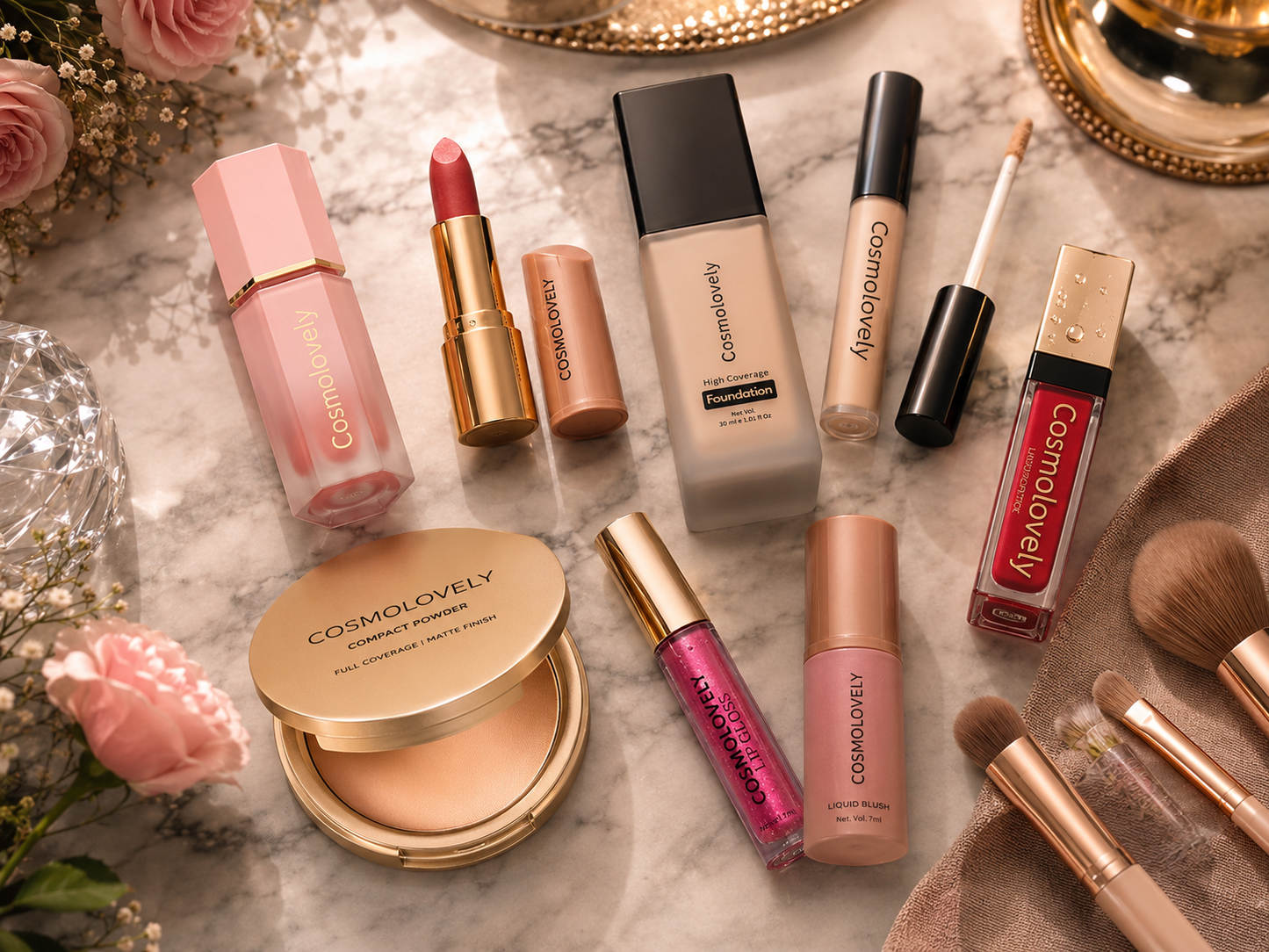 Cosmolovely Marriage Bridal Complete Makeup Kit(Includes High Coverage Foundation, Full Coverage Concealer, Bullet Lipstick, Liquid Lipstick, Liquid Blush, Compact Powder,and Shimmer Lip Gloss)
