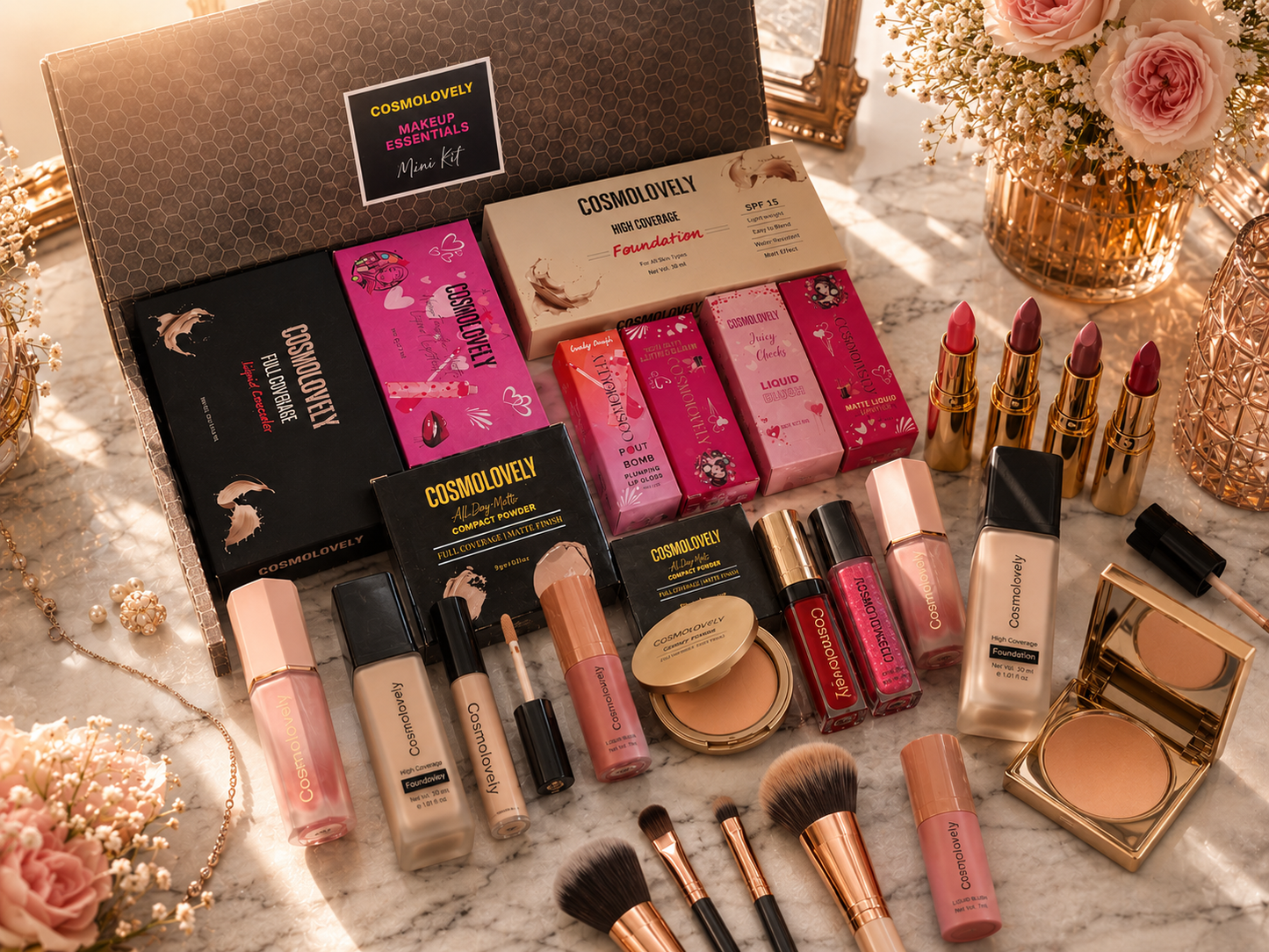 Cosmolovely Marriage Bridal Complete Makeup Kit(Includes High Coverage Foundation, Full Coverage Concealer, Bullet Lipstick, Liquid Lipstick, Liquid Blush, Compact Powder,and Shimmer Lip Gloss)