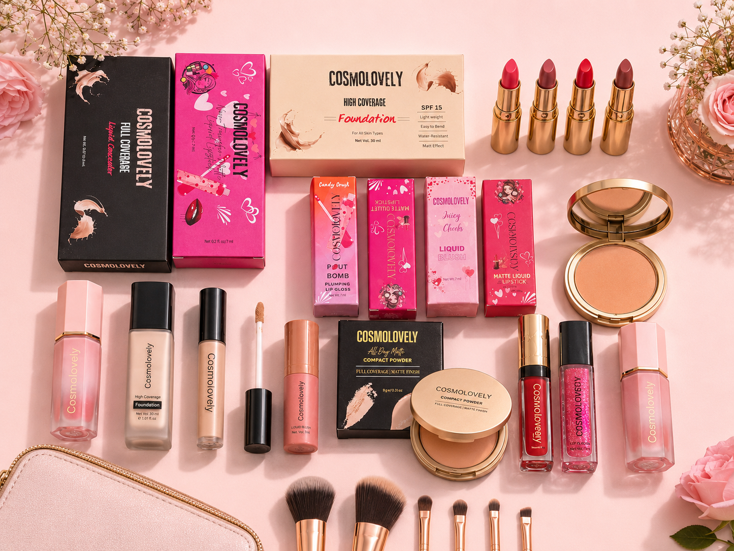 Cosmolovely Marriage Bridal Complete Makeup Kit(Includes High Coverage Foundation, Full Coverage Concealer, Bullet Lipstick, Liquid Lipstick, Liquid Blush, Compact Powder,and Shimmer Lip Gloss)