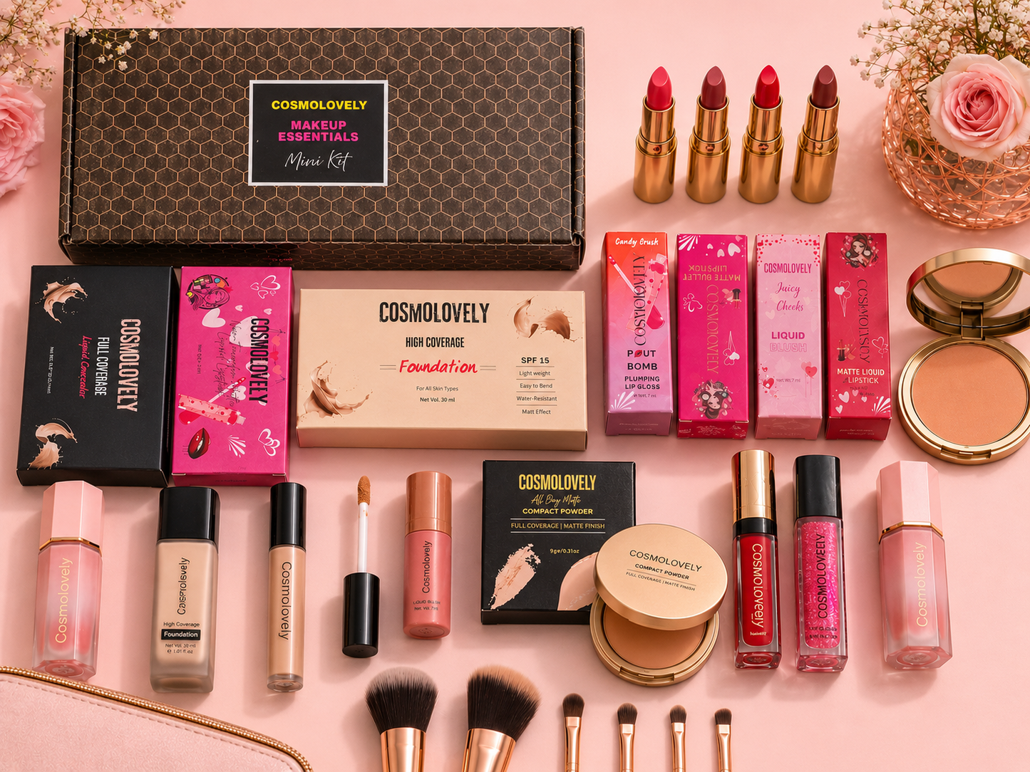 Cosmolovely Marriage Bridal Complete Makeup Kit(Includes High Coverage Foundation, Full Coverage Concealer, Bullet Lipstick, Liquid Lipstick, Liquid Blush, Compact Powder,and Shimmer Lip Gloss)
