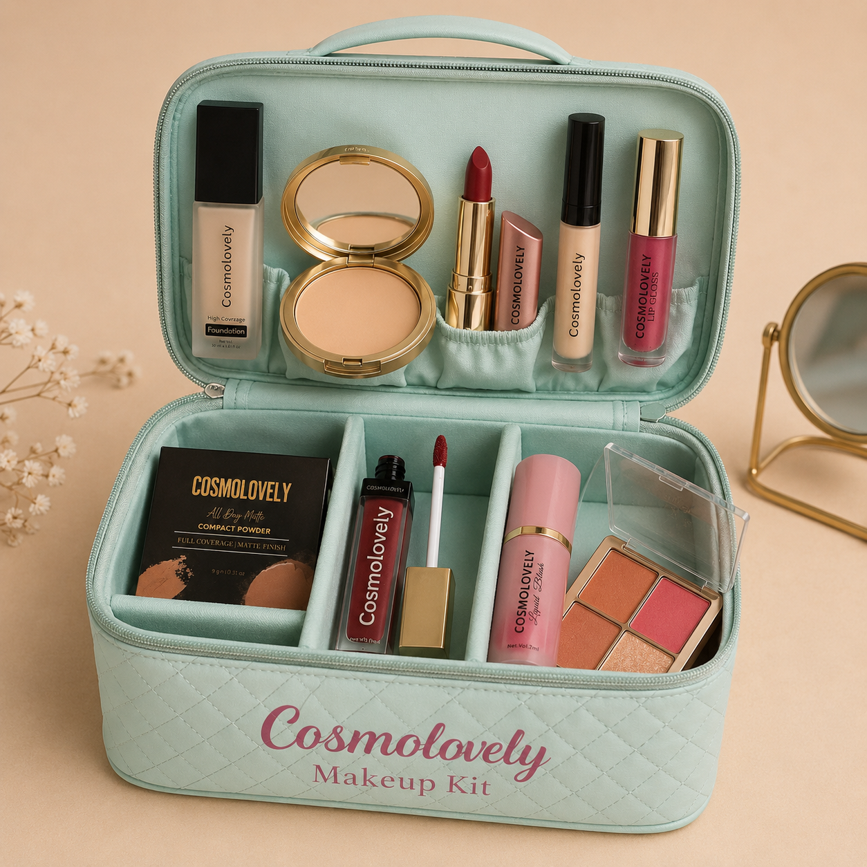 Cosmolovely Marriage Bridal Complete Makeup Kit(Includes High Coverage Foundation, Full Coverage Concealer, Bullet Lipstick, Liquid Lipstick, Liquid Blush, Compact Powder, Makeup Brush and Shimmer Lip Gloss)