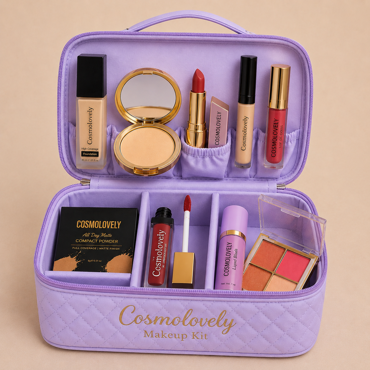 Cosmolovely Marriage Bridal Complete Makeup Kit(Includes High Coverage Foundation, Full Coverage Concealer, Bullet Lipstick, Liquid Lipstick, Liquid Blush, Compact Powder, Makeup Brush and Shimmer Lip Gloss)