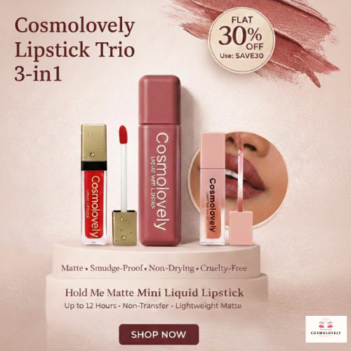 Cosmolovely Lipstick Trio 3-in-1(Red,Nude & Peach) | Smudgeproof & Transferproof | Intense Swipe Pigmentation | Long-Lasting Wear