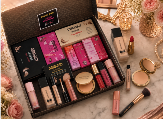 Cosmolovely Marriage Bridal Complete Makeup Kit(Includes 1 High Coverage Foundation,1 Bullet Lipstick,2 Liquid Lipstick, 1 Liquid Blush, 1 Compact Powder, 1 Makeup Brush  and 1 Shimmer Lip Gloss)